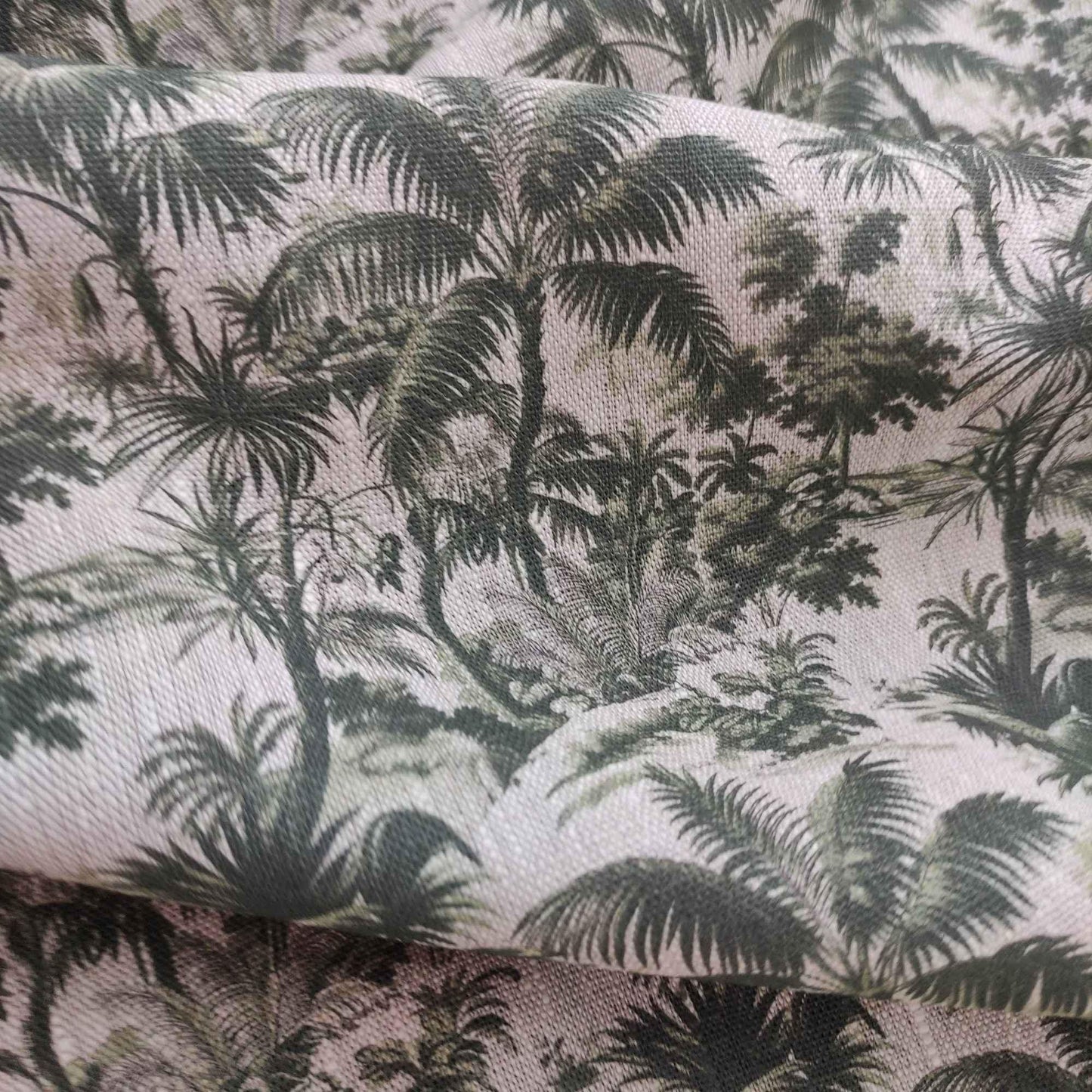 100% LINEN Fabric floral green palm trees print on oatmeal natur linen, linen botanical fabric for upholstery home decor