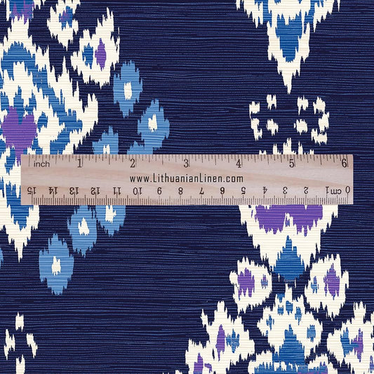 100% LINEN Fabric Ikat navy blue print - Modern vintage floral for upholstery dressmaking curtains home textile 2977