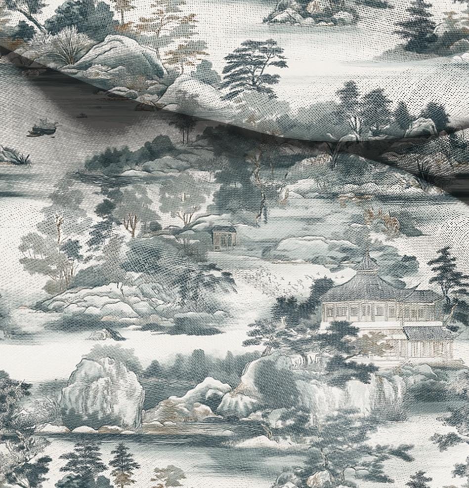 100% LINEN Fabric block print oriental scenery, linen fabric with stony island print, heavy linen fabric for upholstery home decor
