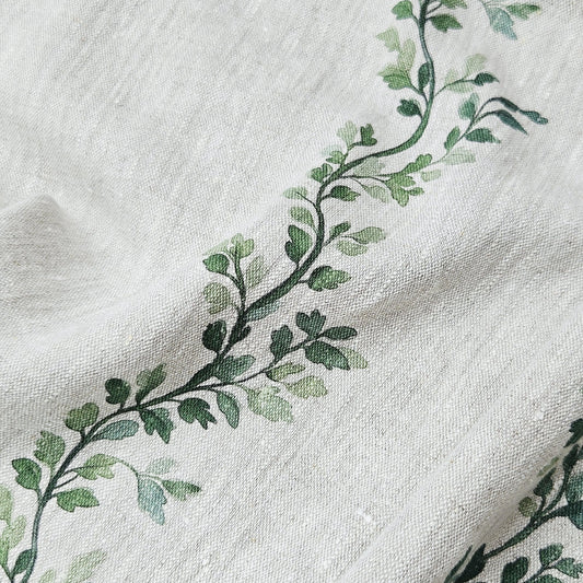100% LINEN Fabric Striped floral print - block print green leaves on oatmeal linen for upholstery curtains dress making 2668