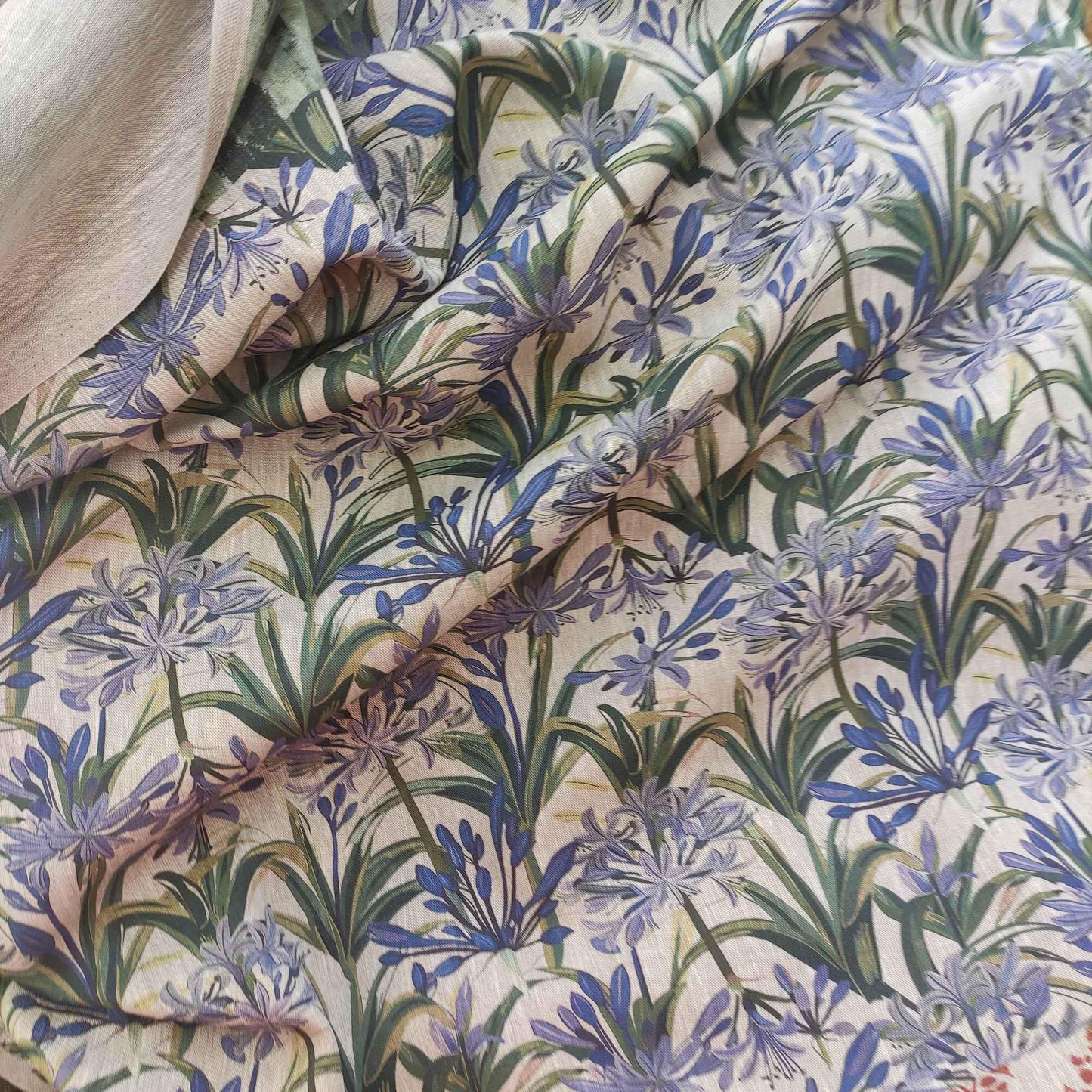 100% LINEN Fabric french blue green purple print on oatmeal natur linen, floral botanical linen fabric for upholstery 324