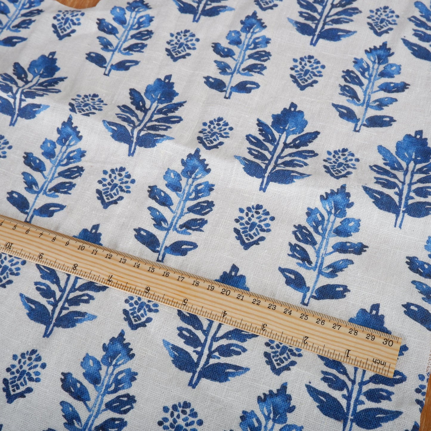 100% LINEN Fabric block print blue white - linen fabric with indian blue floral print, heavy linen fabric for upholstery home decor
