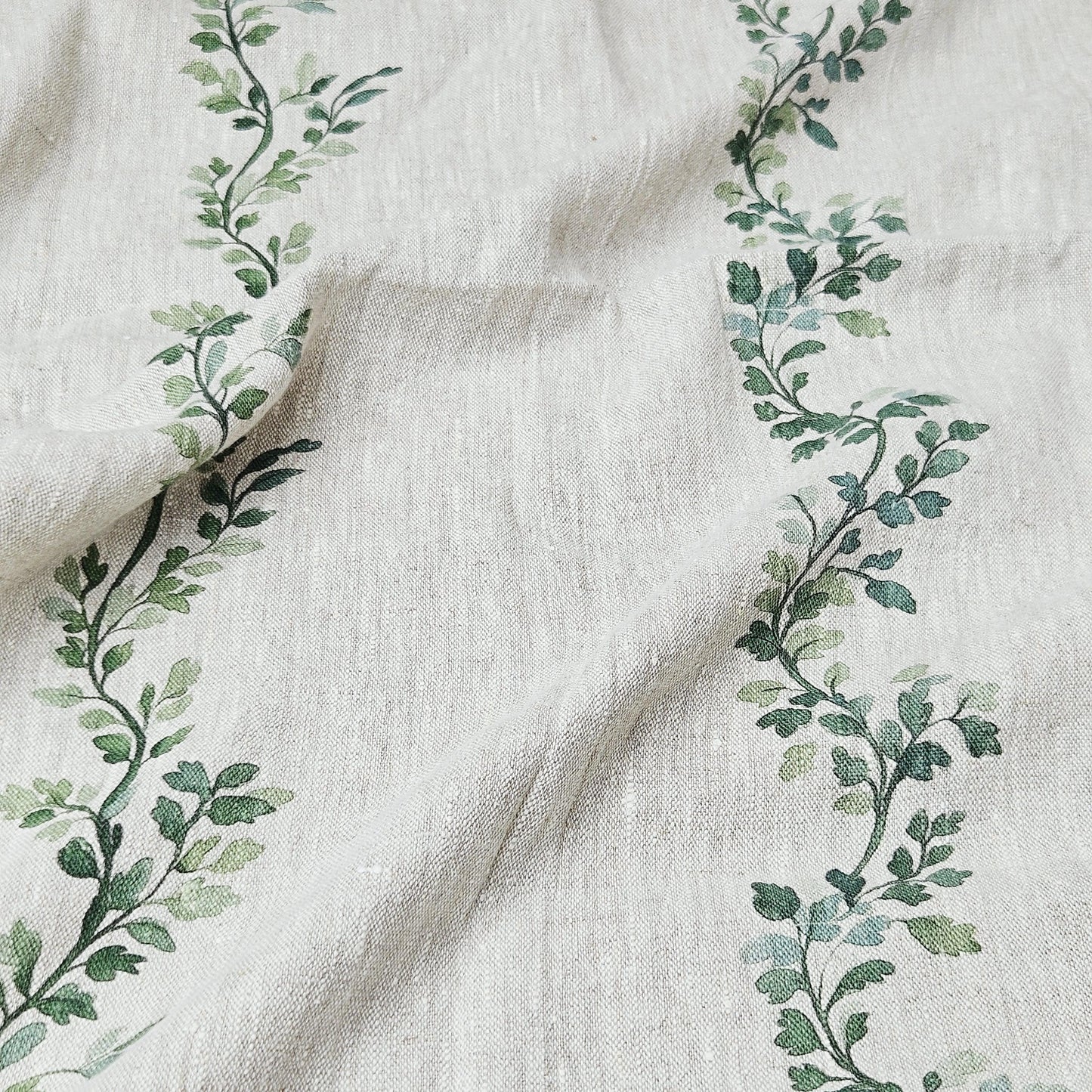 100% LINEN Fabric Striped floral print - block print green leaves on oatmeal linen for upholstery curtains dress making 2668