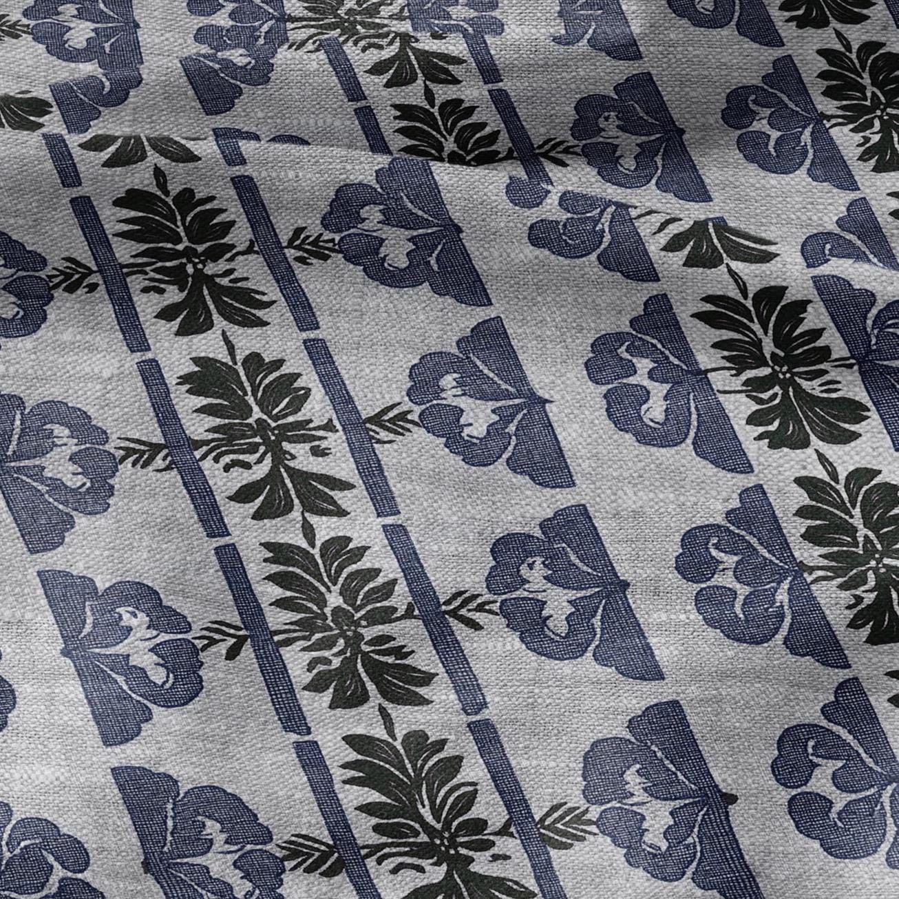 100% LINEN Fabric hand block print floral stripe - oatmeal linen fabric with blue green print - fabric for home decor upholstery