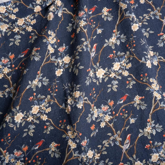 100% LINEN Fabric Toile de Jouy in navy blue, botanical flax fabric with indigo blue print, French linen floral Birds on the tree 2054