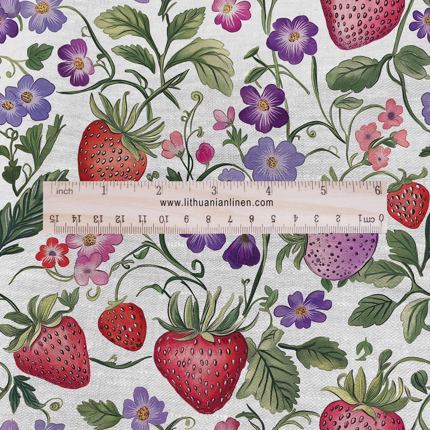 100% LINEN Fabric with strawberry field print - linen fabric with berries floral print - linen fabric upholstery home decor dressmaking