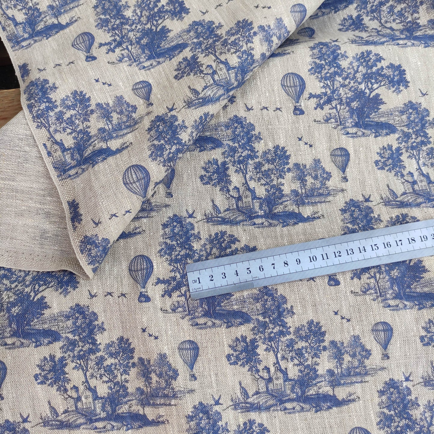 100% LINEN Fabric Toile de Jouy with air Balloon, oatmeal natur linen fabric with blue indigo print, coastal French linen fabric upholstery