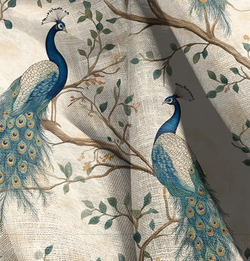 100% LINEN Fabric oriental pritn with peacock, linen fabric with botanical print, heavy linen fabric for upholstery home decor