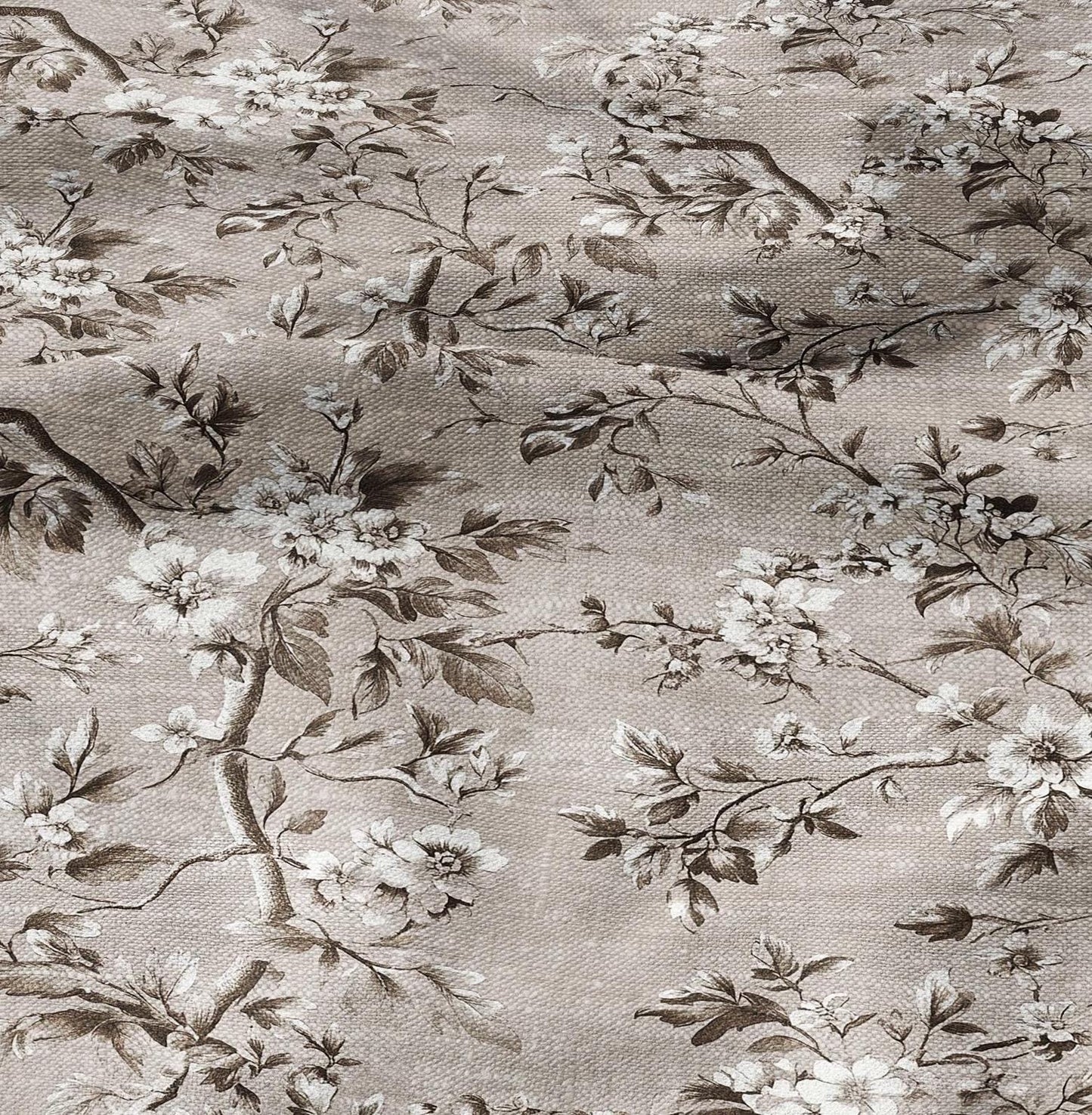 100% LINEN Fabric Toile de Jouy in beige brown, botanical flax fabric with French country Provence print for upholstery dressmaking clothing