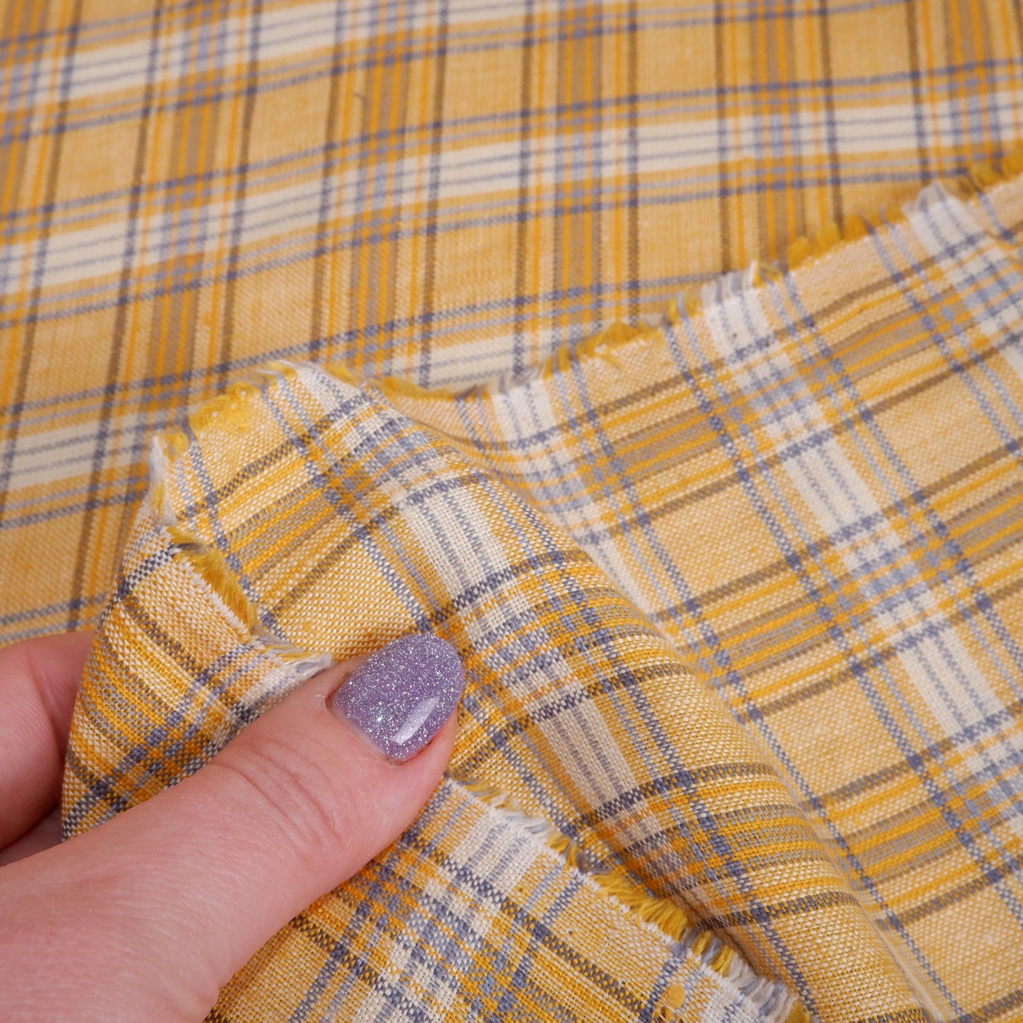 Premium Linen Gingham Fabric in Mustard | Medium weight multicolor check in mustard yellow and brown