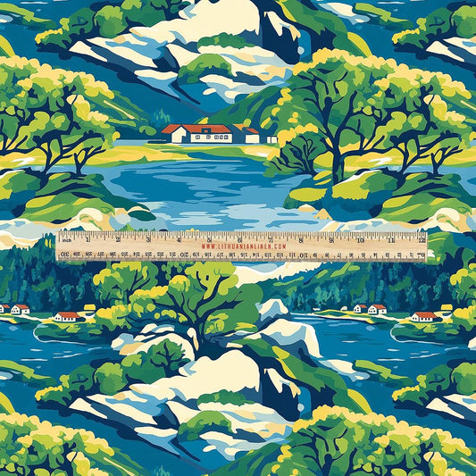100% LINEN Fabric UPHOLSTERY 12oz - Swedish Archipelago blue green print on linen - Island scenery landscape upholstery 2082