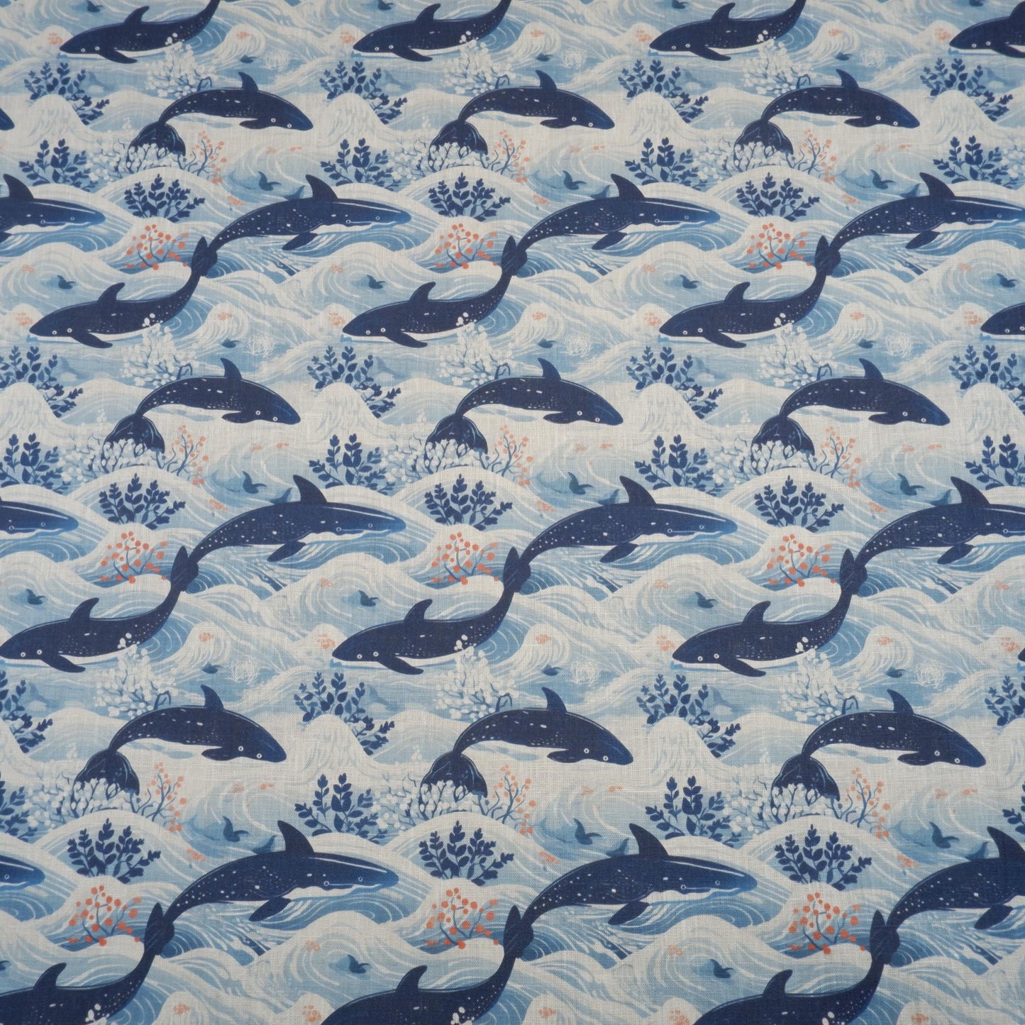 100% LINEN Nautical print WHALE ,white linen fabric with blue coastal print for upholstery home decor