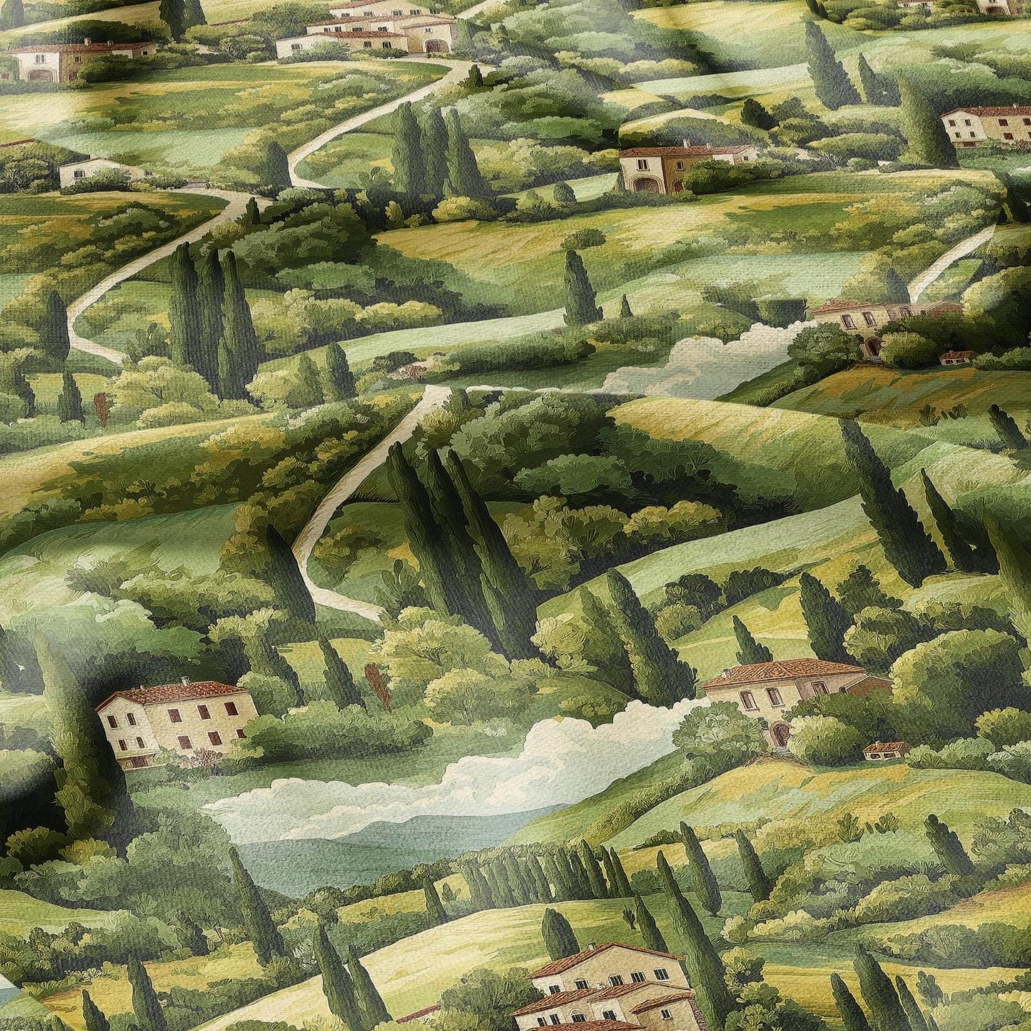 100% LINEN Fabric Italian Tuscany scenery, linen fabric with green print, heavy linen fabric for upholstery home decor tablecloth