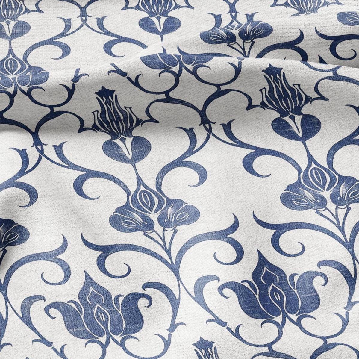 100% LINEN Fabric stripe Tulips floral print linen - blue linen botanical fabric for upholstery home decor dress making