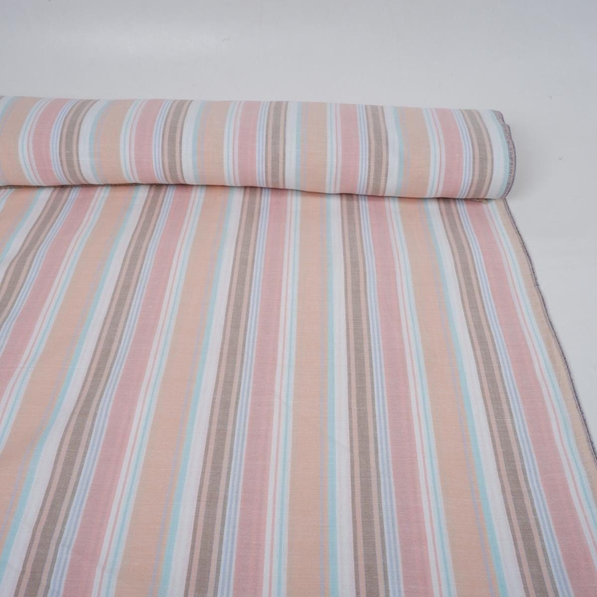 Premium Linen striped Fabric in blush pink white | Medium weight multicolor stripes Lisbon Stripe for clothing home textile