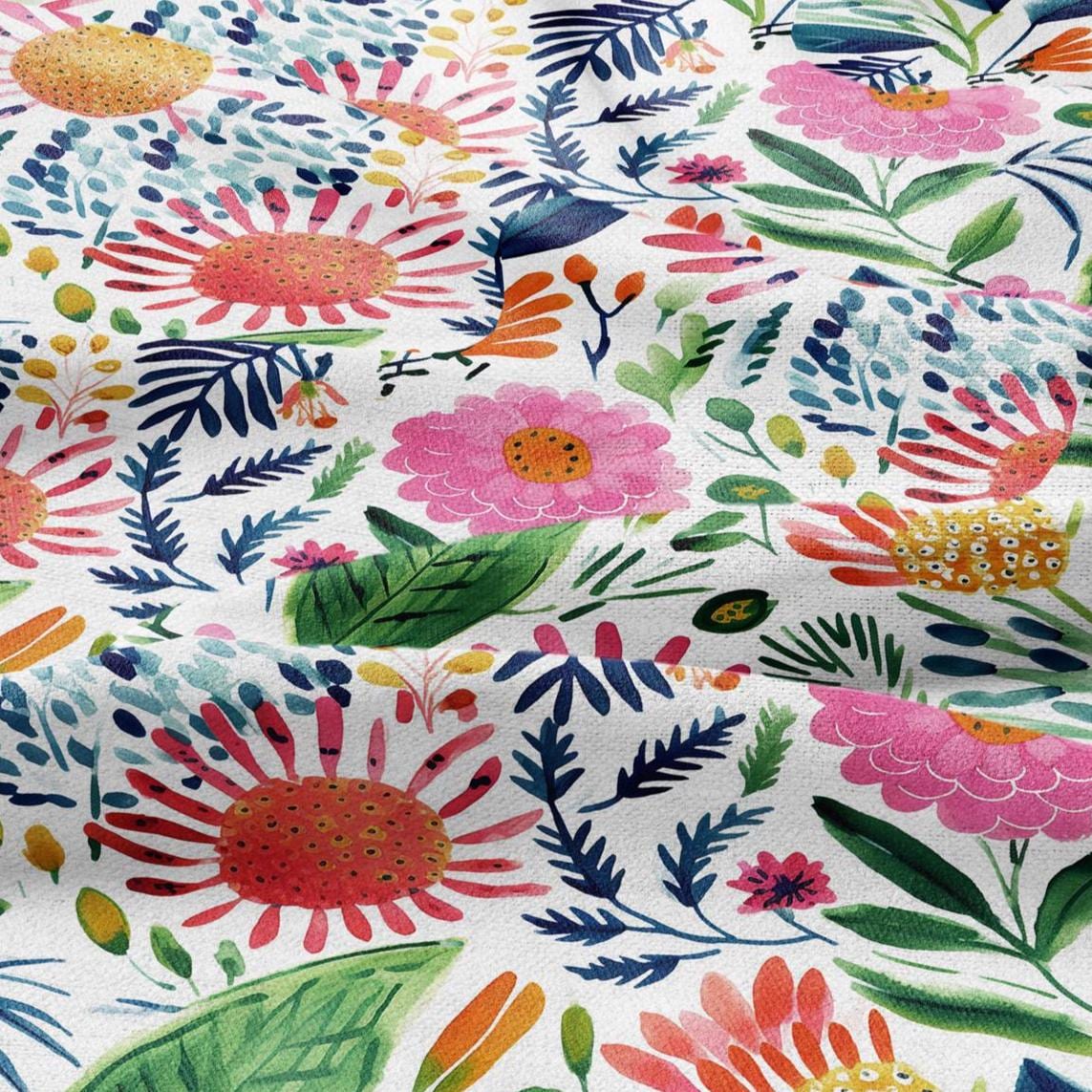 100% LINEN Fabric block print colorful bold flowers - Scandinavian Modernism floral print - heavy for upholstery medium for dressmaking 2029