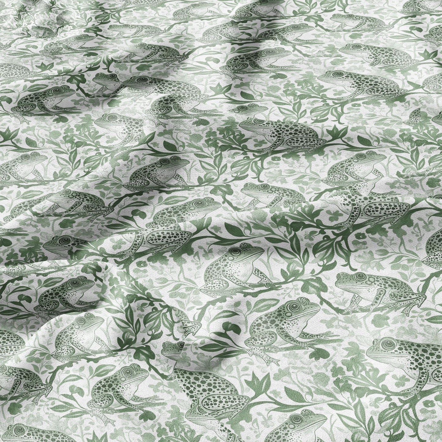 100% LINEN Fabric toile de jouy Frog Nautical print - green white linen fabric with blue coastal print for upholstery home decor