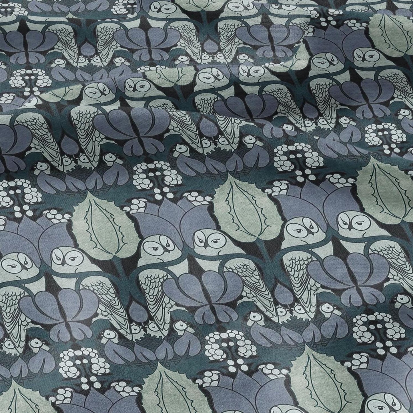 Owl Voysey blue print on 100% LINEN - Victorian Art crafts linen Fabric - botanical Historical upholstery home textile