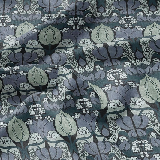 Owl Voysey blue print on 100% LINEN - Victorian Art crafts linen Fabric - botanical Historical upholstery home textile