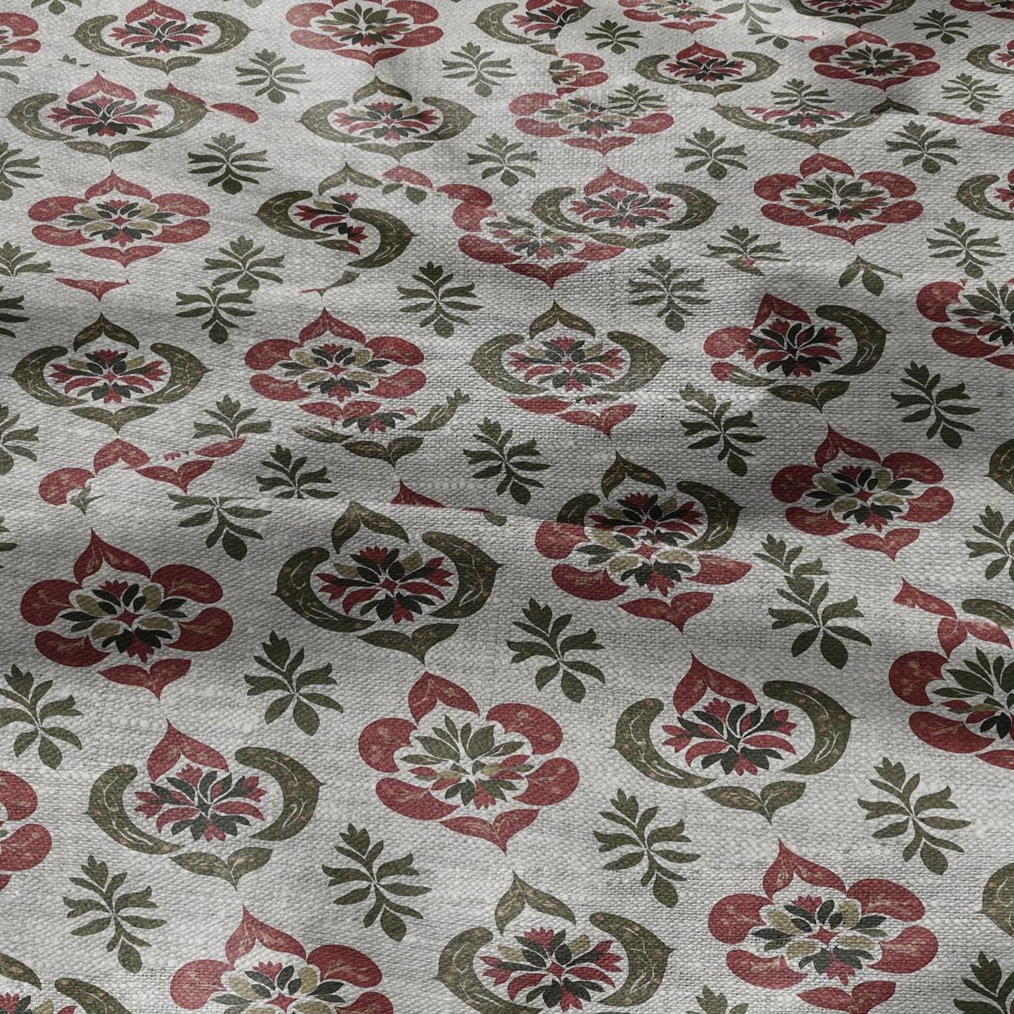 100% LINEN Fabric hand block print flowers - oatmeal linen fabric with red green print - fabric for home decor upholstery