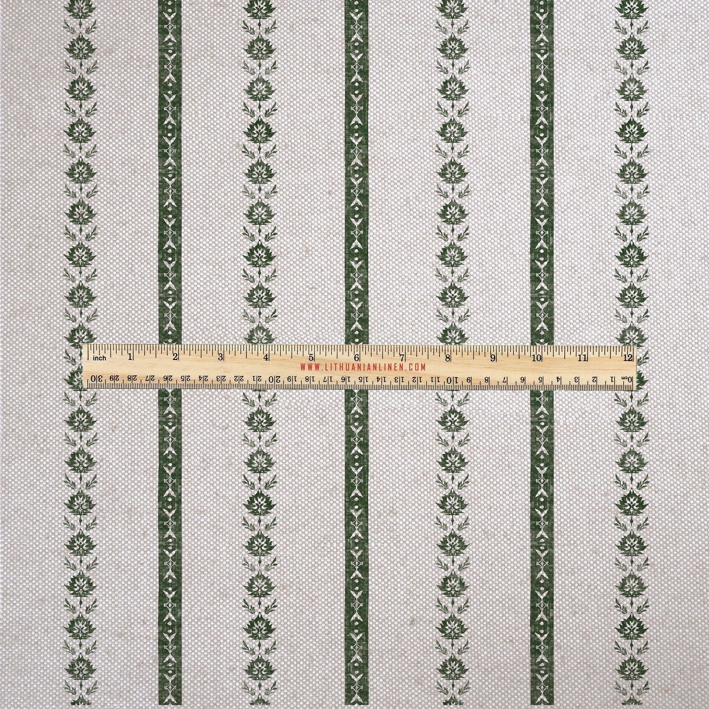 100% LINEN Fabric UPHOLSTERY 12oz - stripe block print - oatmeal linen fabric with green floral print - Modern Vintage upholstery 2687