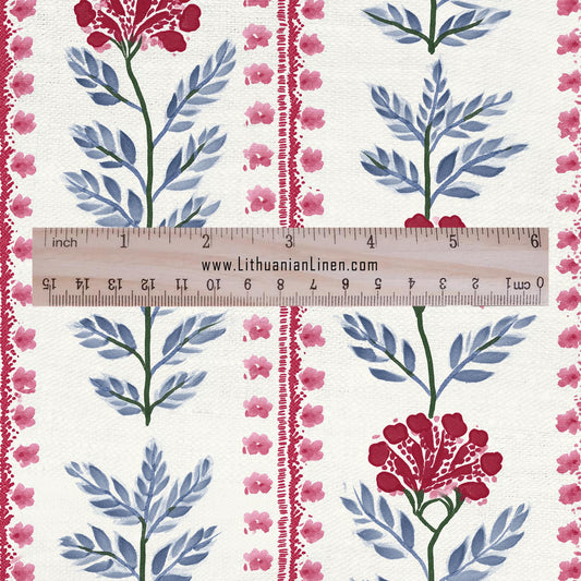 100% LINEN Fabric floral stripe print - red roses vintage modern for upholstery home decor - medium for dress making 3091