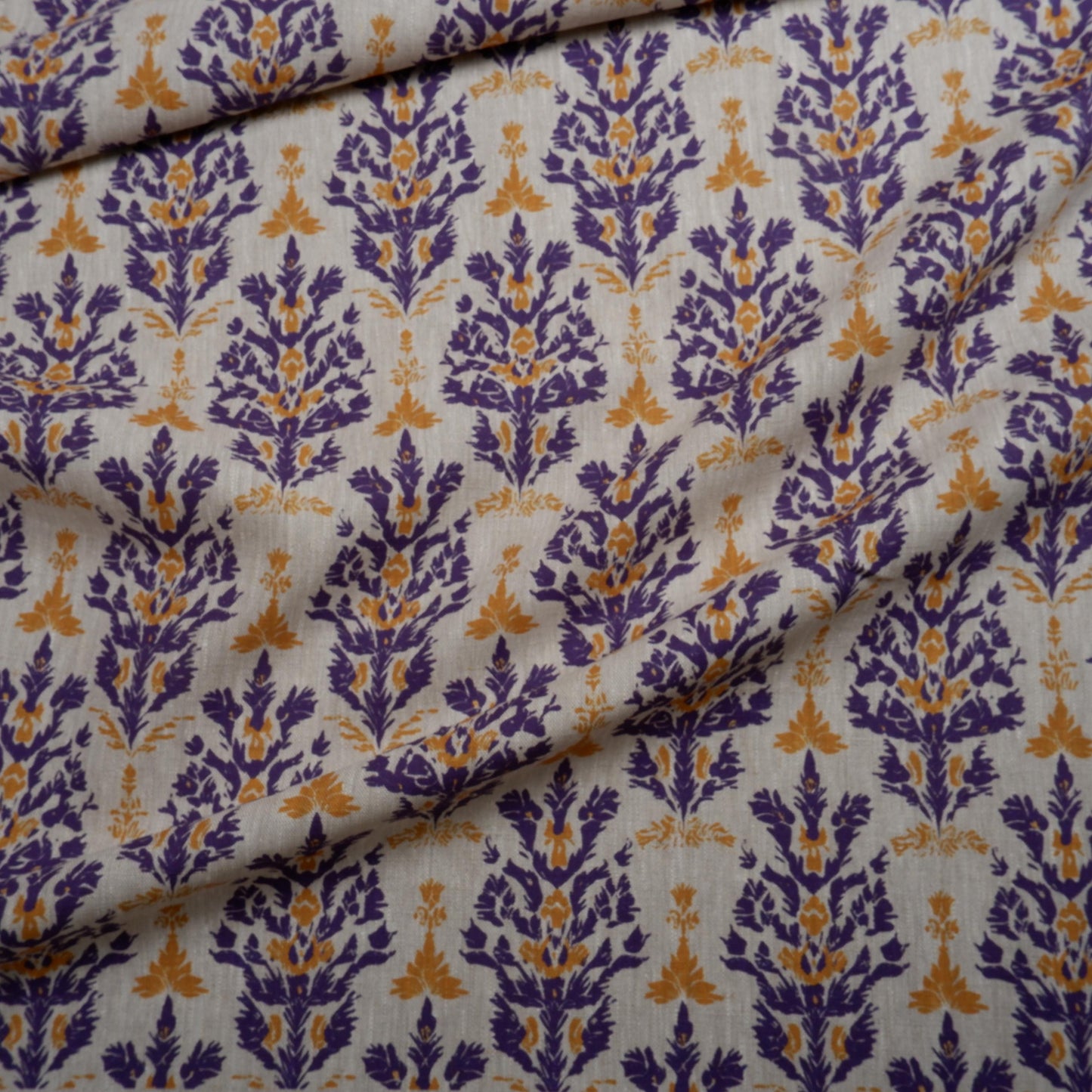 100% LINEN Fabric block print with purple yellow | oatmeal linen fabric with floral print | linen fabric for upholstery home decor