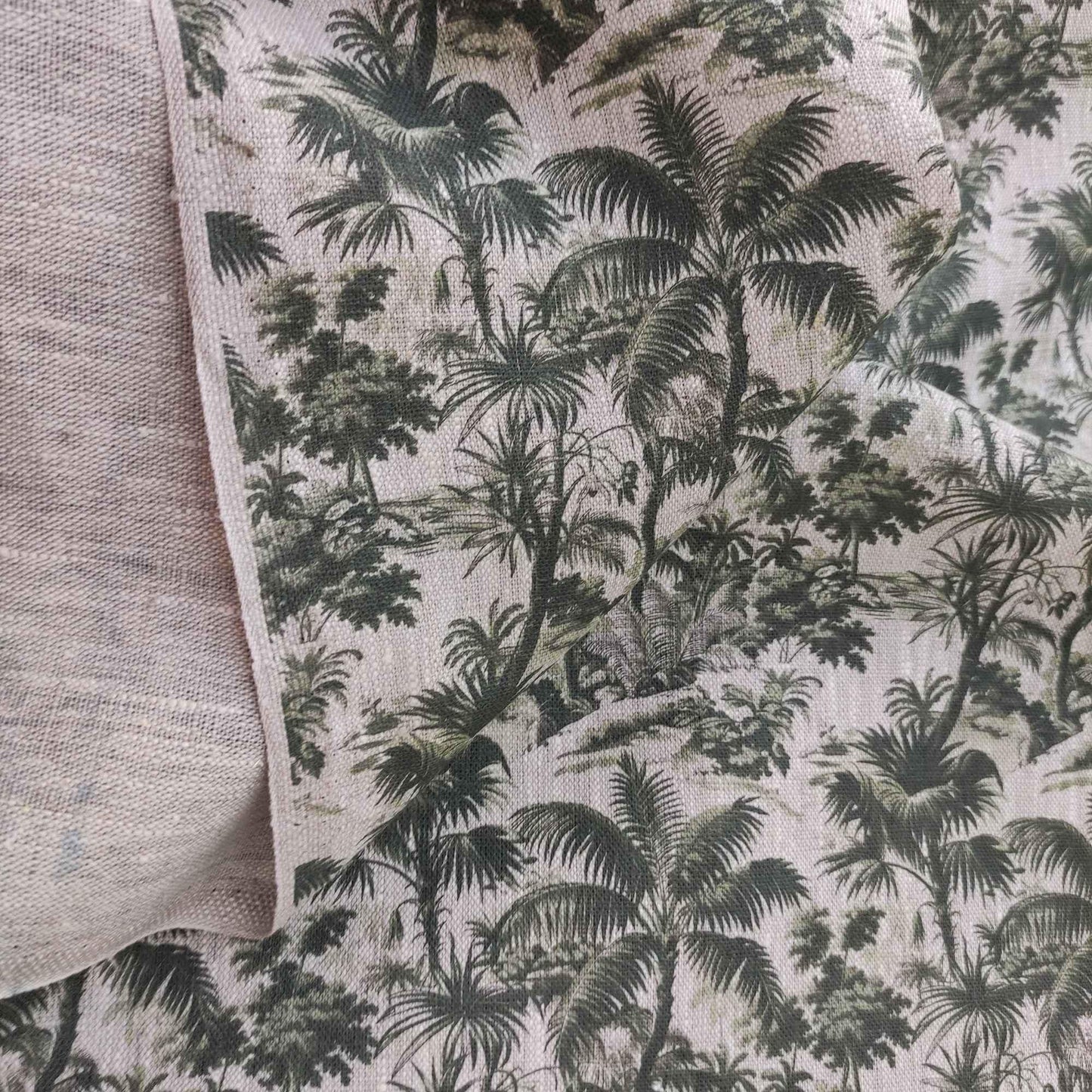 100% LINEN Fabric floral green palm trees print on oatmeal natur linen, linen botanical fabric for upholstery home decor
