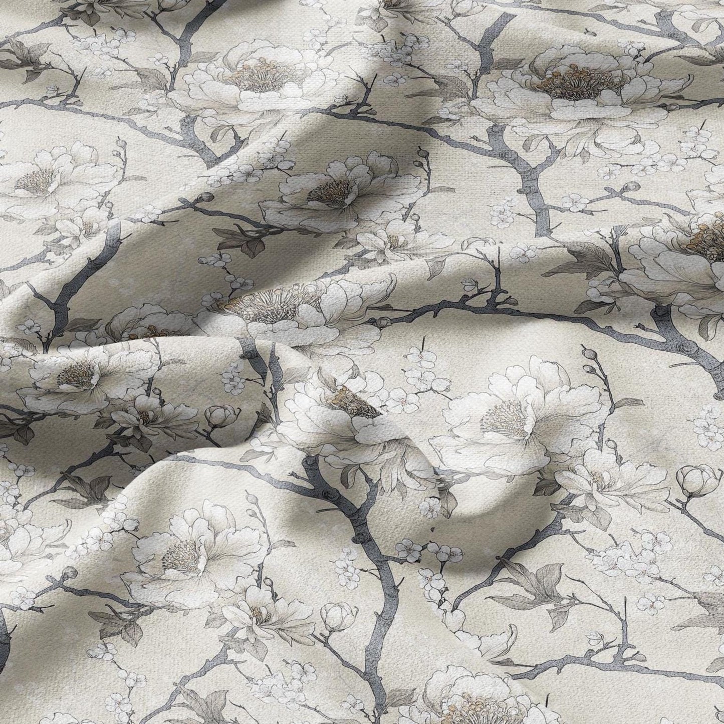 100% LINEN Fabric beige apple blossom print on white linen - floral botanical french linen fabric Provence - linen floral upholstery 2594