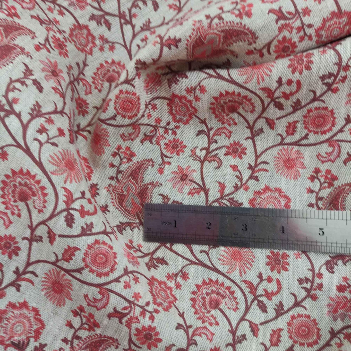 100% LINEN Fabric Toile de Jouy Paisley flowers, oatmeal natur linen fabric with red print, French linen fabric upholstery