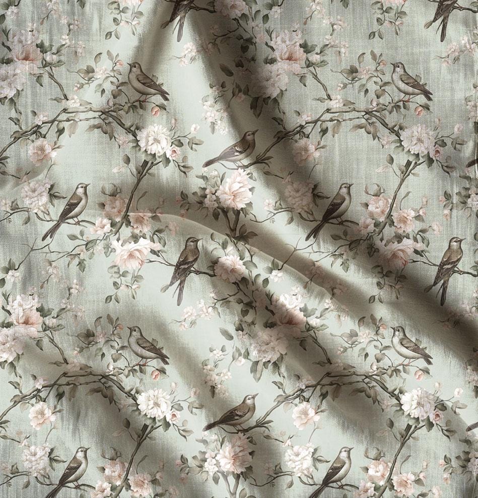 100% LINEN Fabric floral with birds print, heavy linen fabric with pale green print for upholstery home decor curtains pillowcases