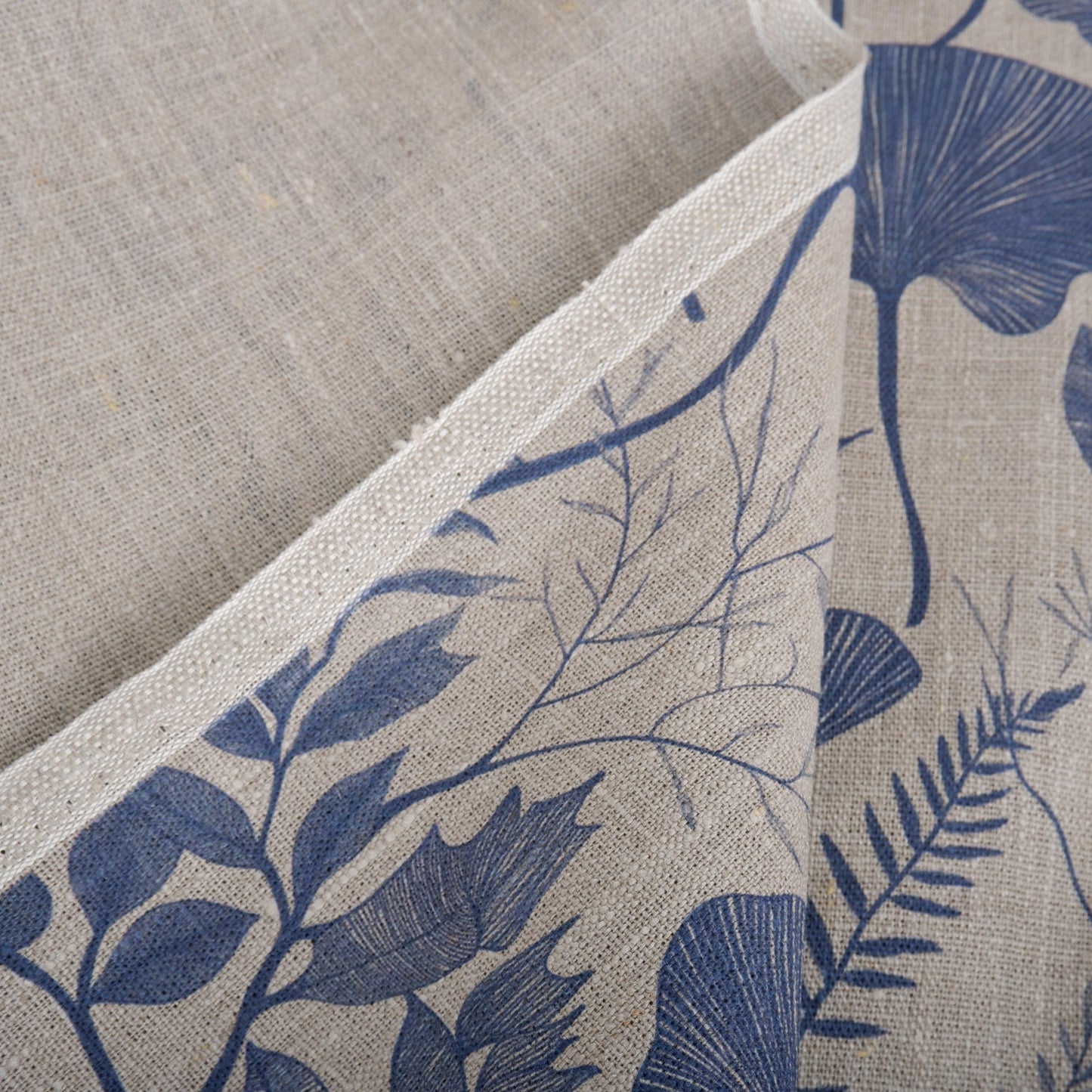100% LINEN Fabric BLUE floral leaves print 2218