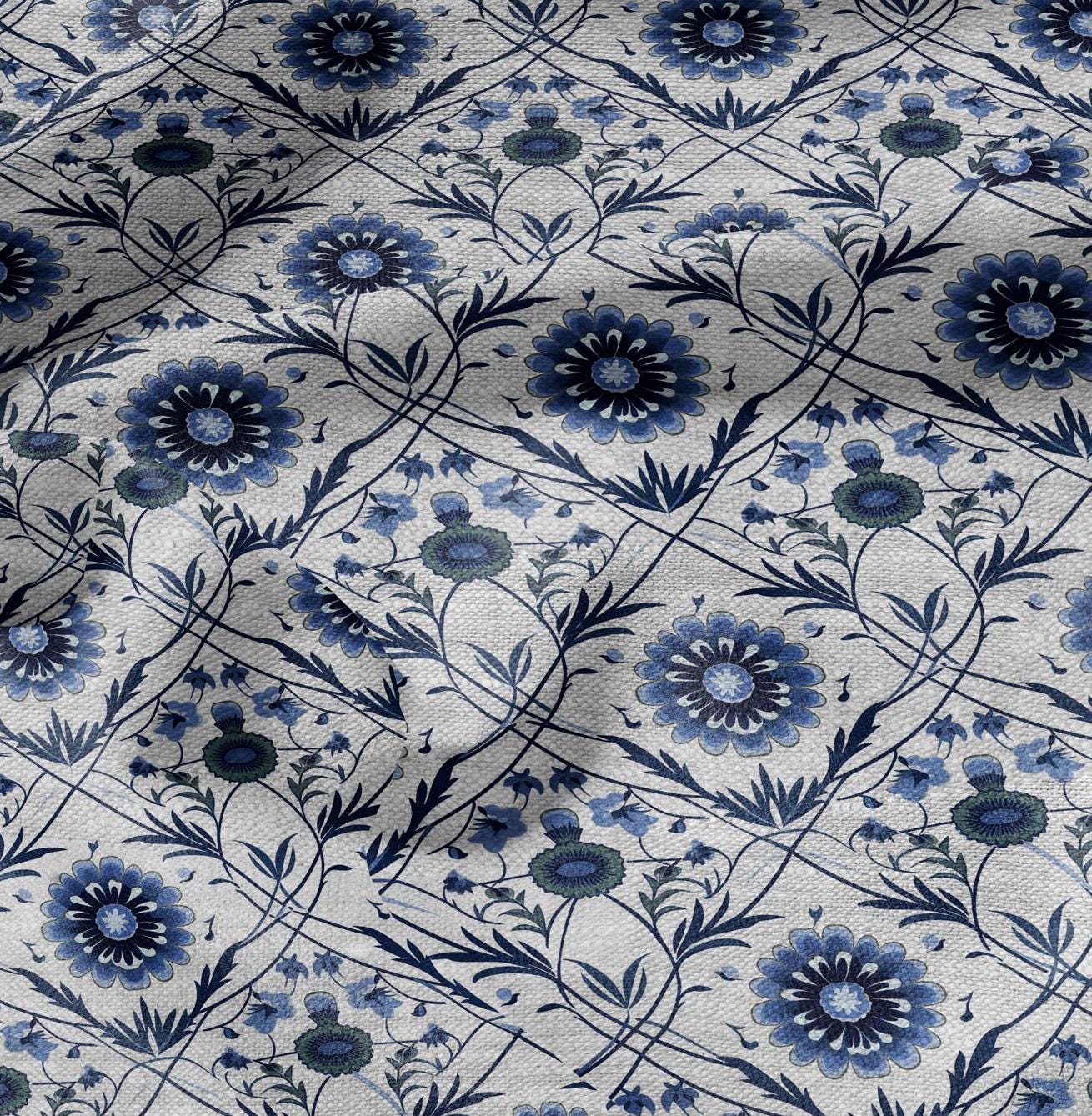 100% LINEN Fabric block print - linen fabric with blue white floral print - heavy linen fabric for upholstery home decor
