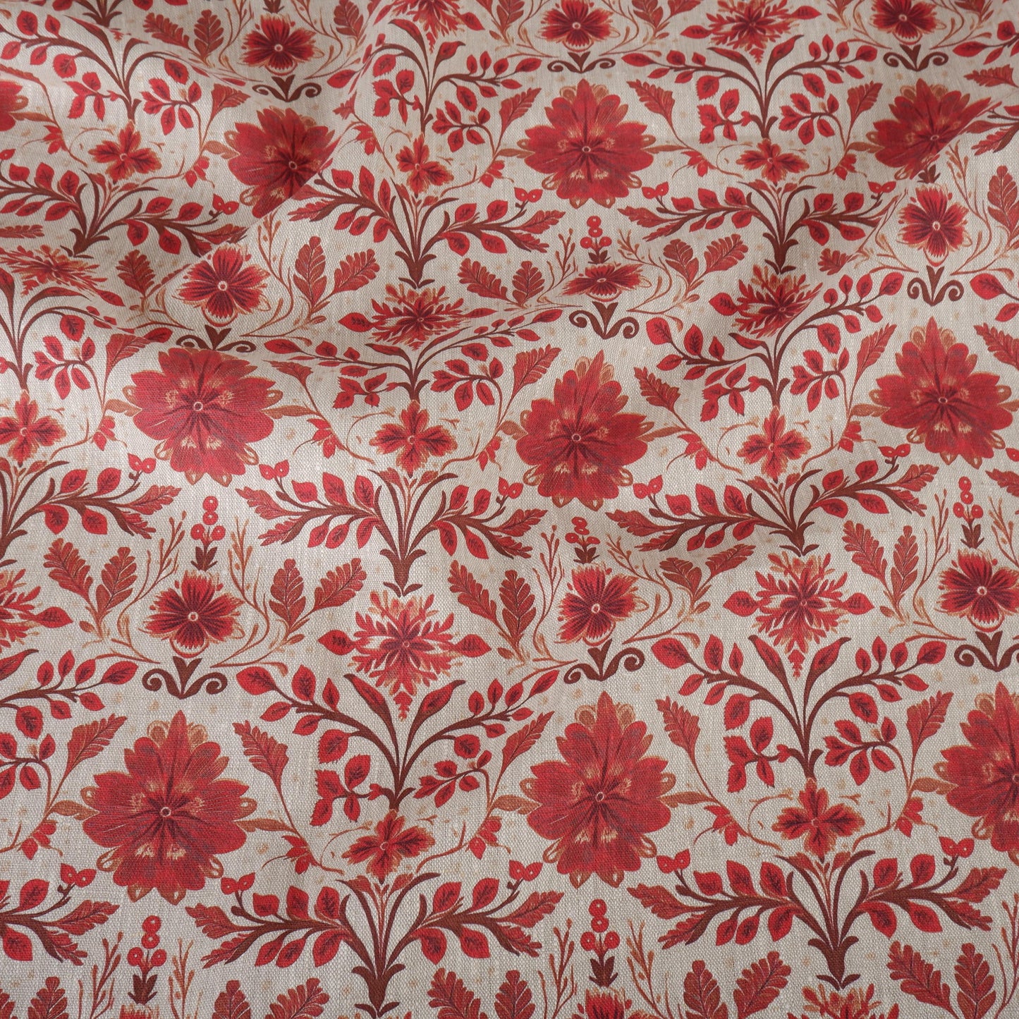 100% LINEN Fabric red floral print on oatmeal natur linen - love red flower fabric - French linen floral upholstery dress making 2036
