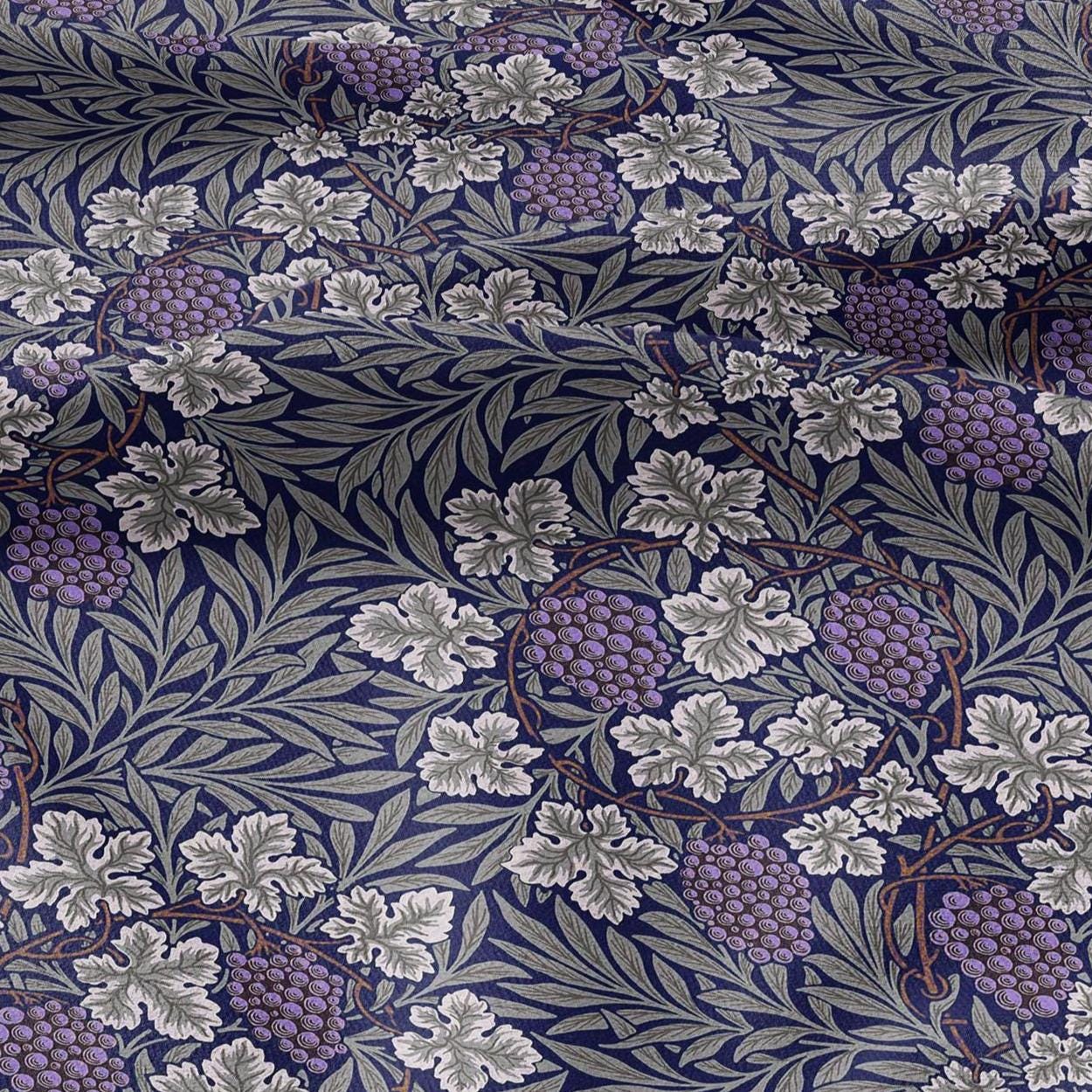 100% LINEN Fabric wine grapes purple from William Morris, Victorian fabric with blue floral print for upholstery home decor in Linen