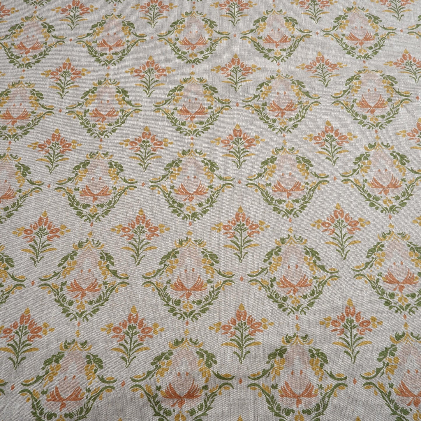 100% LINEN Fabric block print pastel green pink grey | oatmeal linen fabric with floral print | linen fabric for upholstery home decor