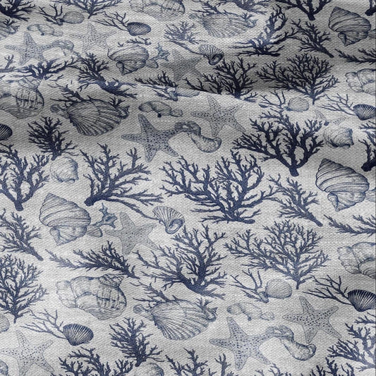 100% LINEN Fabric Shell & Corals print - nautical indigo blue print on oatmeal linen for home decor sewing dress clothing 2364