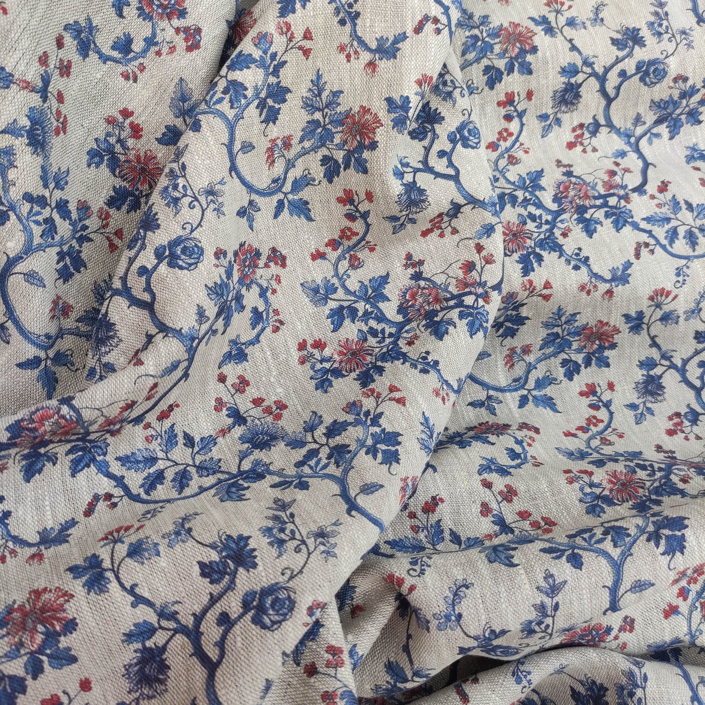 100% LINEN Fabric Toile de Jouy , white botanical fabric with blue indigo red print, French linen floral blossom 326