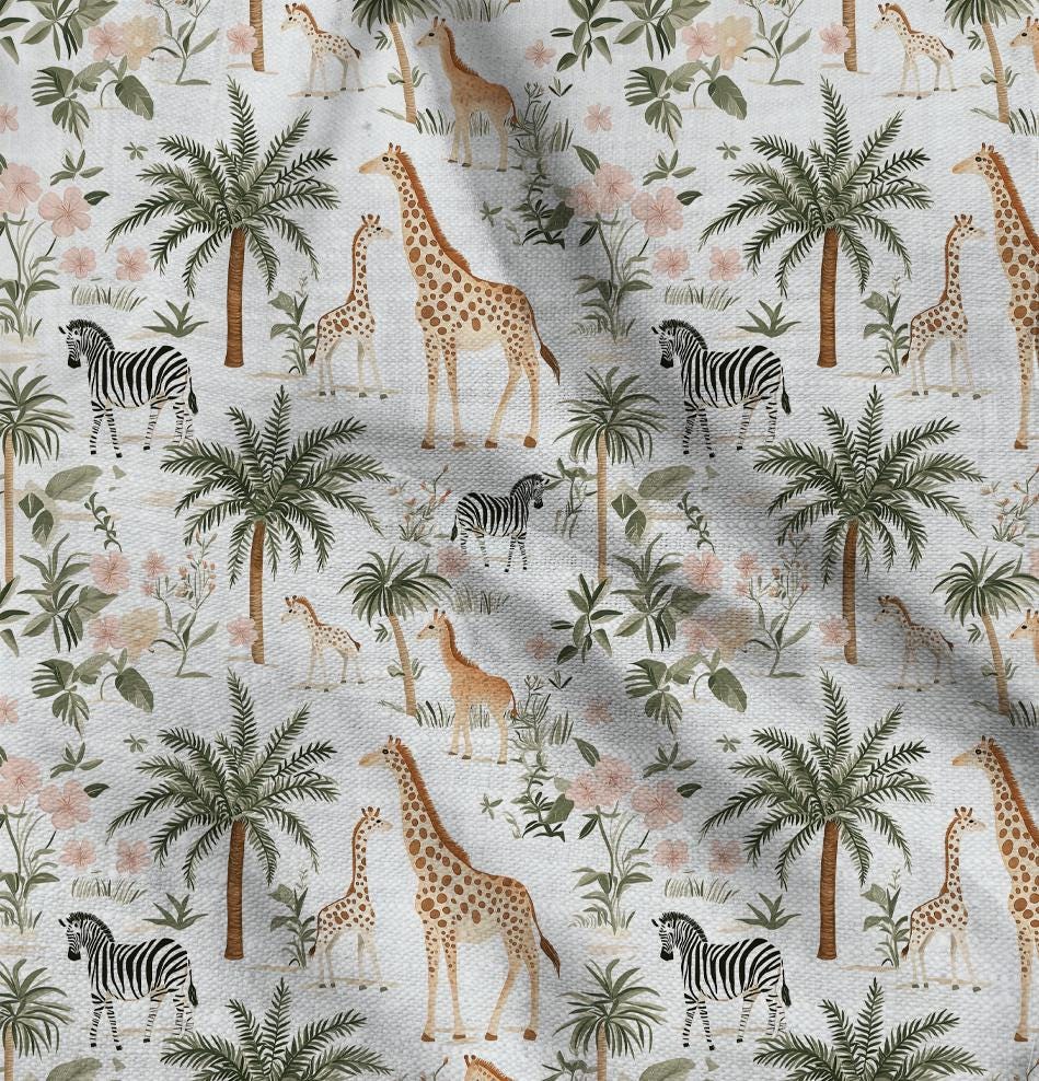 100% LINEN Fabric Africa print with giraffe and zebra - oatmeal natur linen fabric with Savana print for upholstery home decor