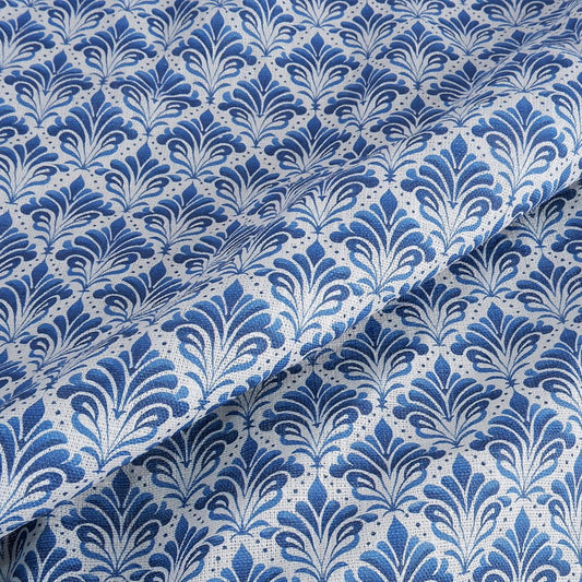 100% LINEN Fabric blue block print on white linen - fleur de lis floral fabric - French linen floral upholstery dressmaking 2053
