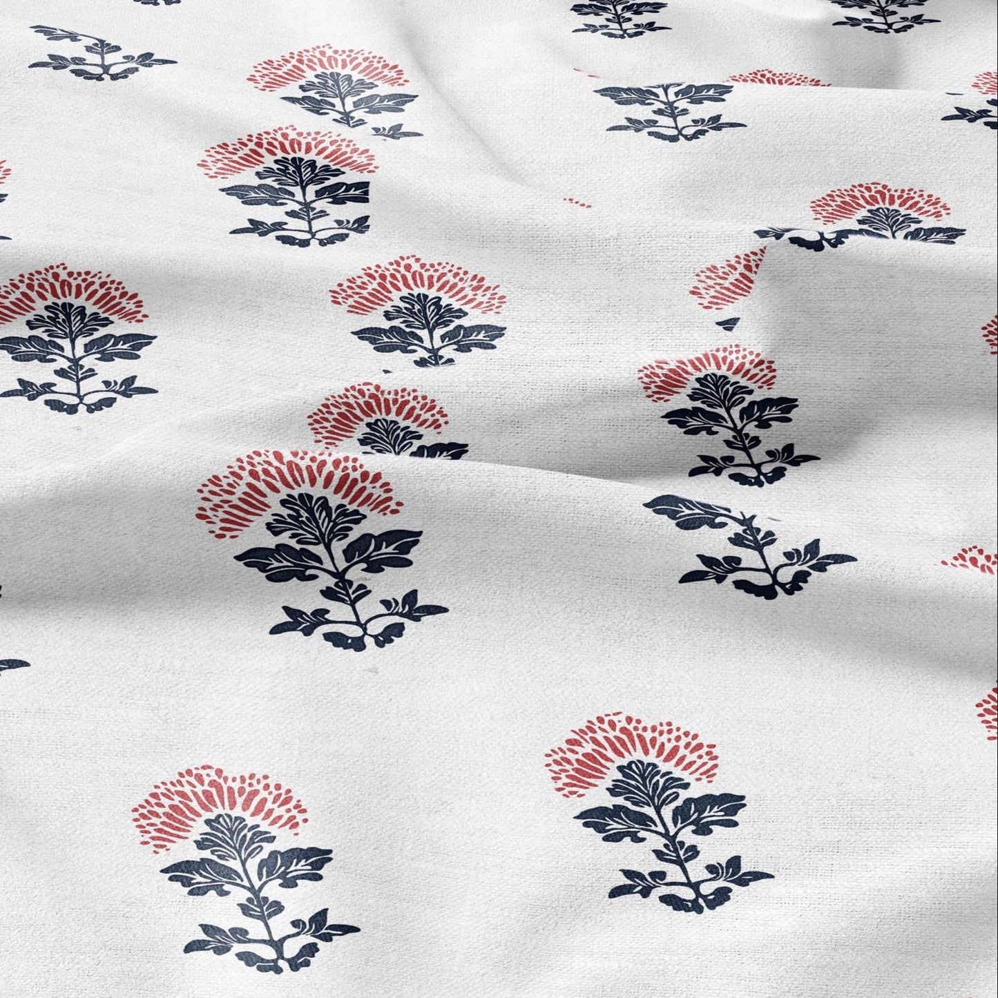 100% LINEN Fabric block print indigo blue red on white - linen fabric with floral print -heavy linen fabric for upholstery home decor