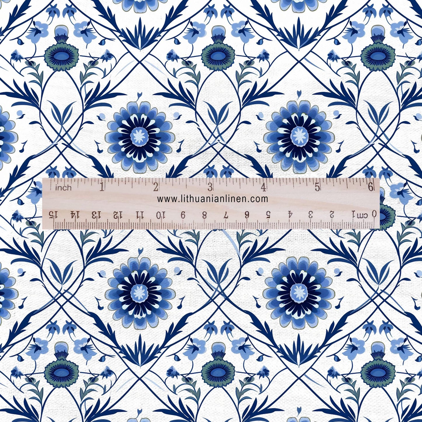 100% LINEN Fabric block print - linen fabric with blue white floral print - heavy linen fabric for upholstery home decor