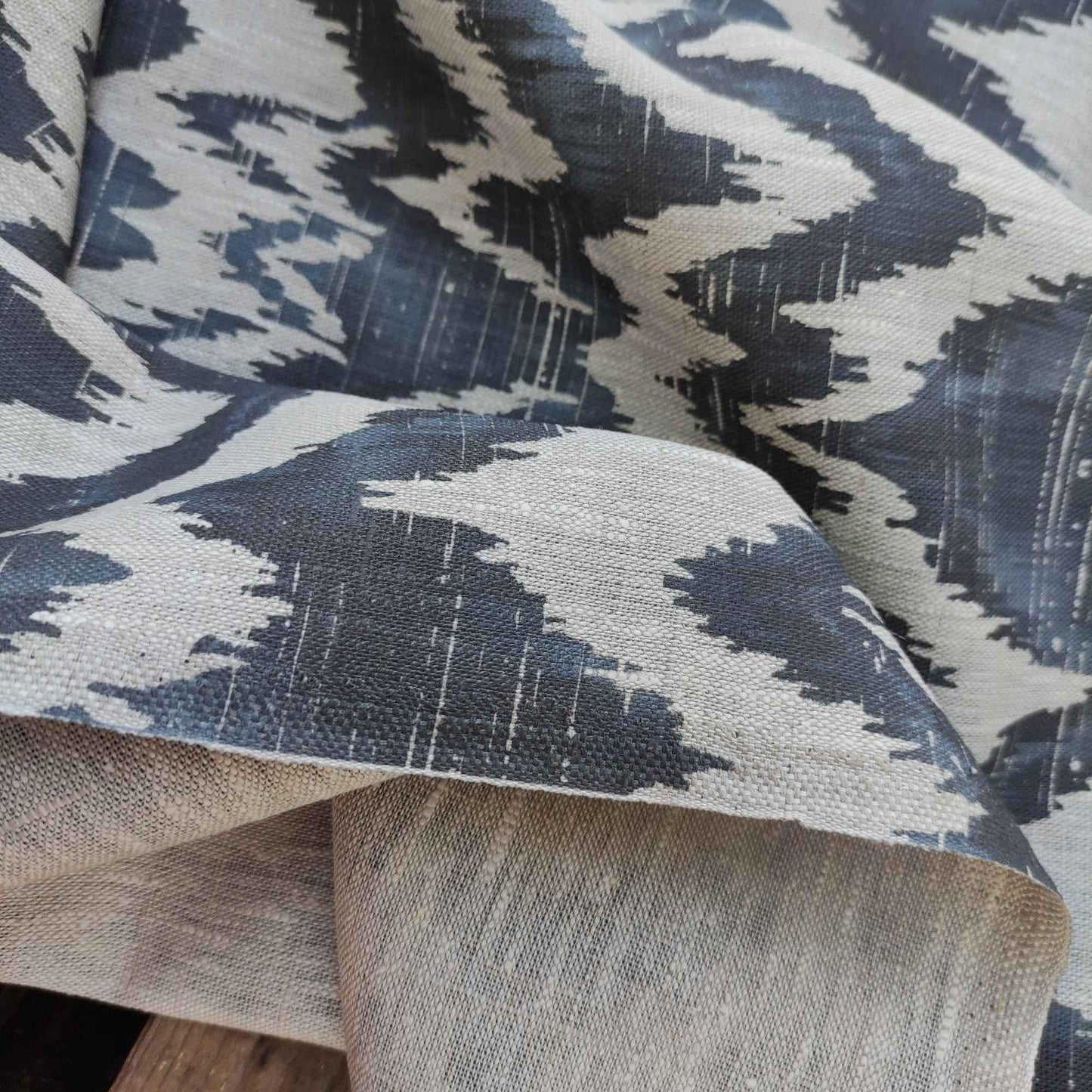 100% LINEN Fabric Abstract zigag WabiSabi , dark blue print on natural linen japandi wabi sabi linen print