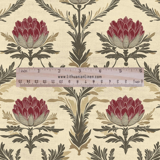 100% LINEN Fabric block print - , oatmeal natur linen fabric with blue floral print, heavy linen fabric for upholstery home decor 2014