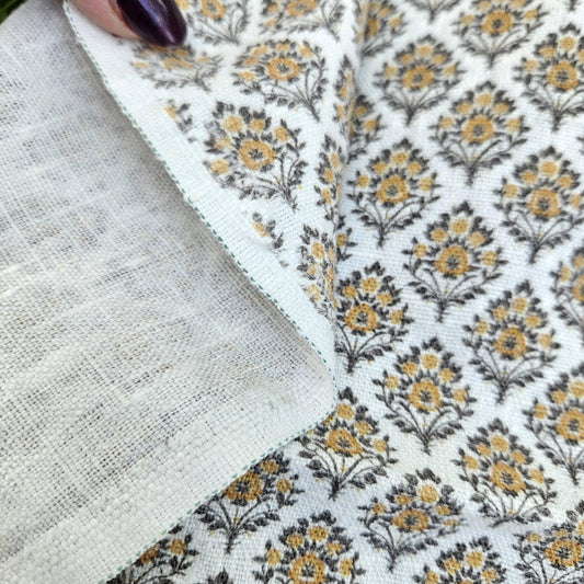 100% LINEN Fabric block print mustard brown yellow on white - heavy linen fabric upholstery home decor or medium for clothing 2513 Vadodara