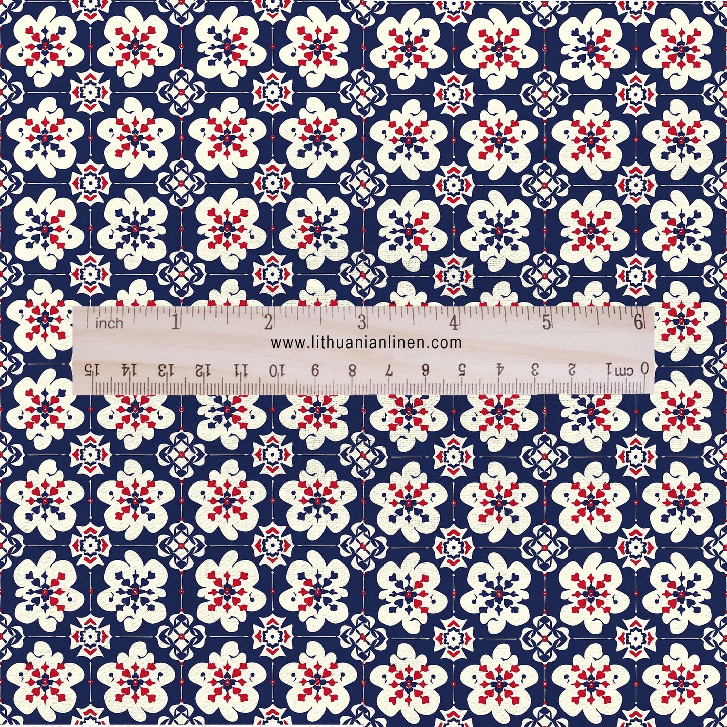 100% LINEN Fabric block print Korean Flower - red blue indigo floral print - heavy upholstery home decor - medium for clothing 2601