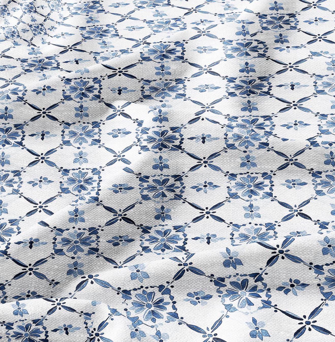 100% LINEN Fabric block print indigo blue white Swedish tile - scandinavian fabric with floral print - block print on linen