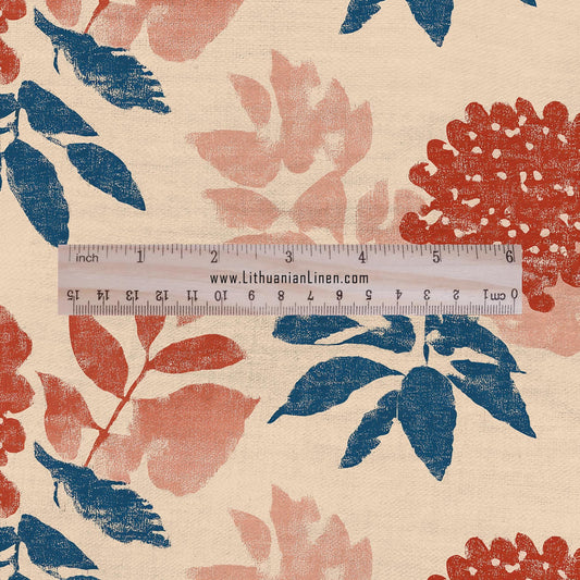 100% LINEN Fabric Ixora blossom print - red pink floral linen heavy for upholstery home decor - medium for dress making 2805