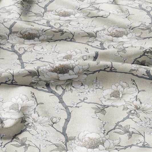 100% LINEN Fabric beige apple blossom print on white linen - floral botanical french linen fabric Provence - linen floral upholstery 2594