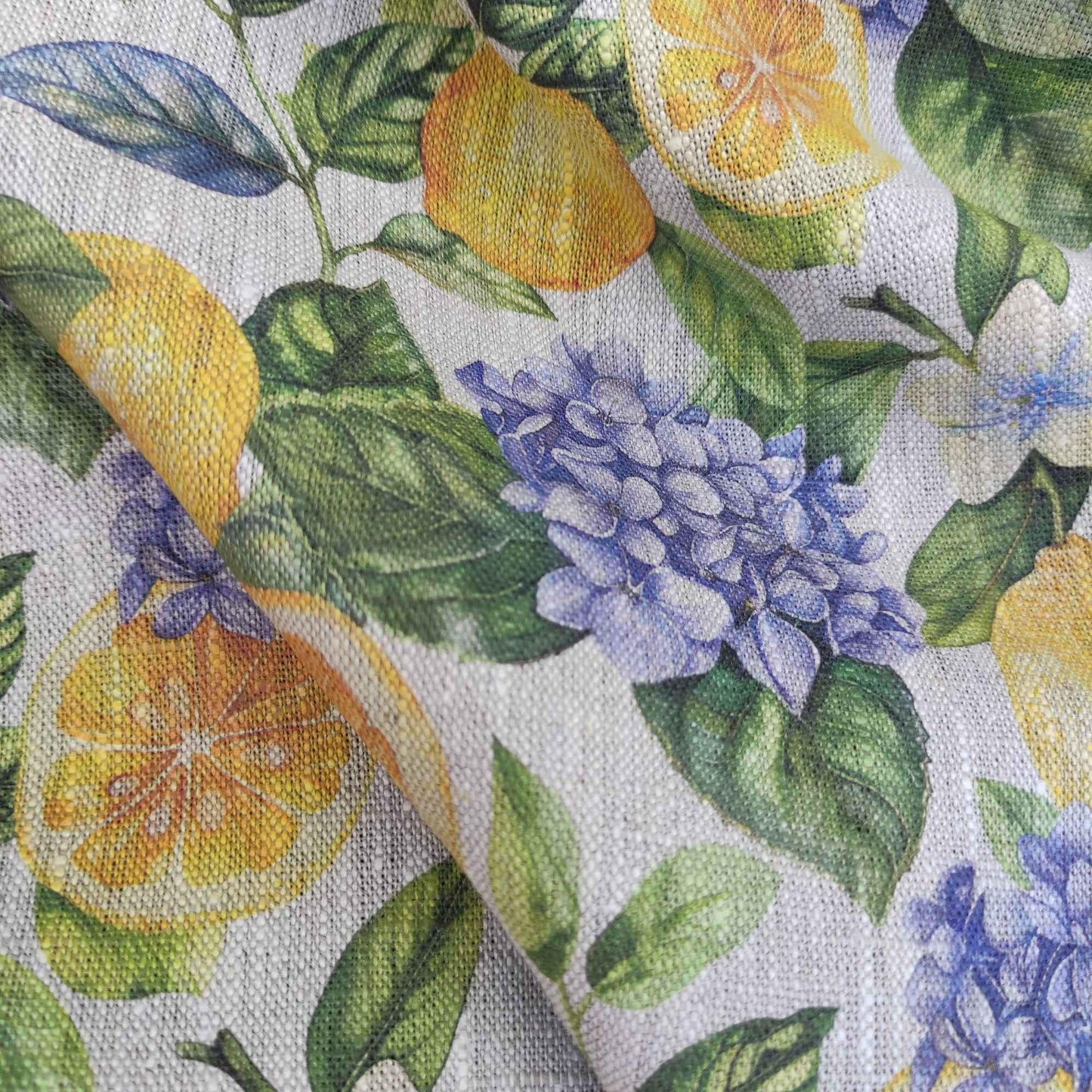 100% LINEN Fabric lemon and hydrangea print - oatmeal natur linen with citrus print - linen fabric home decor upholstery